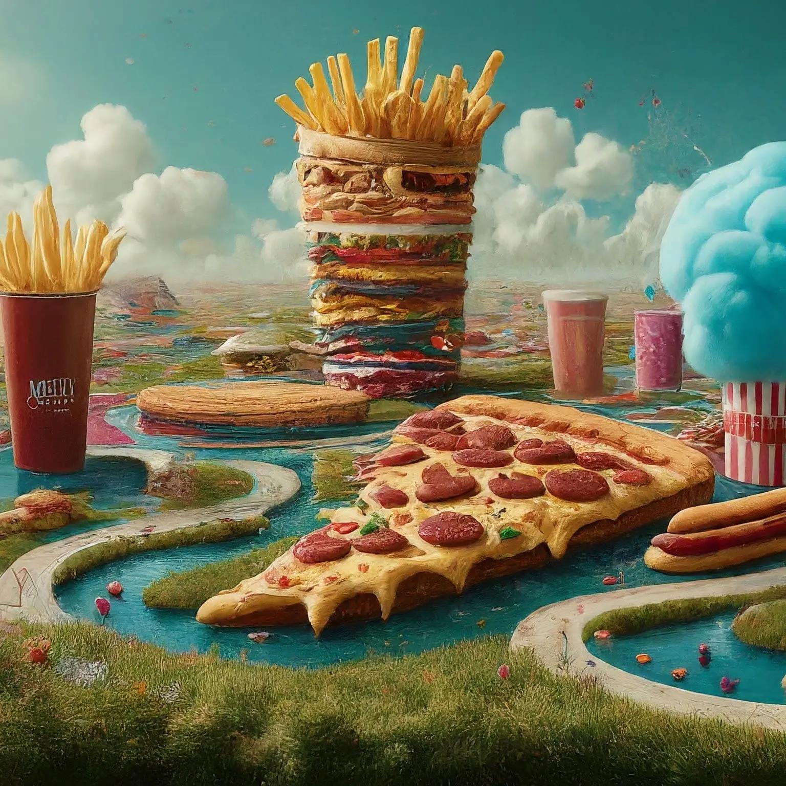 a landscape that matches with our hamburger character, it is portraying a landscape where nature is only fast food