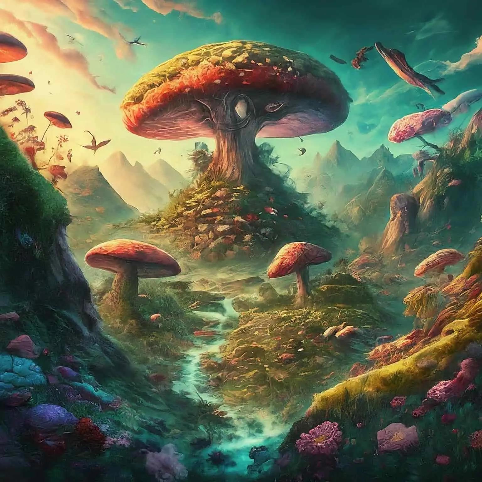 a landscape that matches with our main character, a frog, it is portraying a red big mushroom