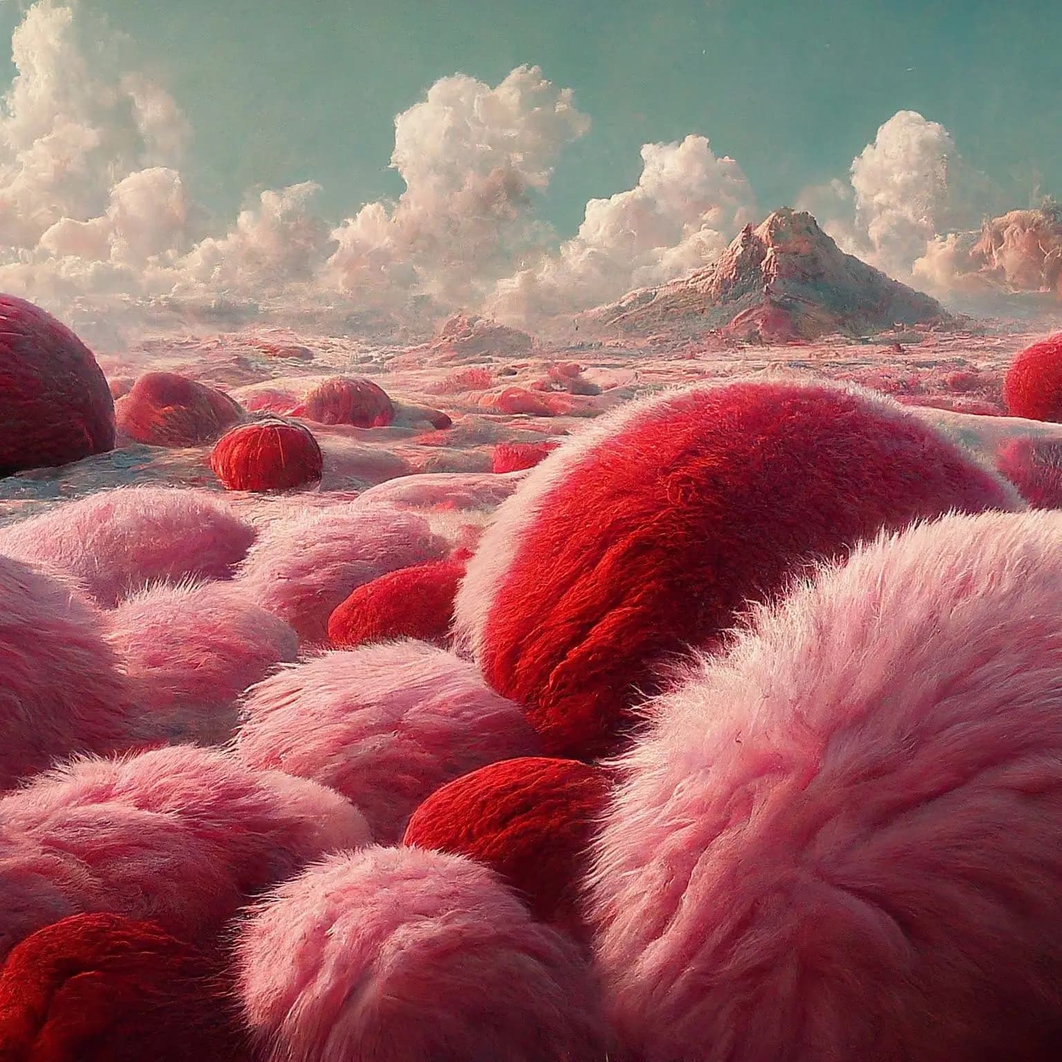 a landscape that matches with our stuffed cute character, a stuffed character and a chicken, it is portraying a cure and fluffy landscape