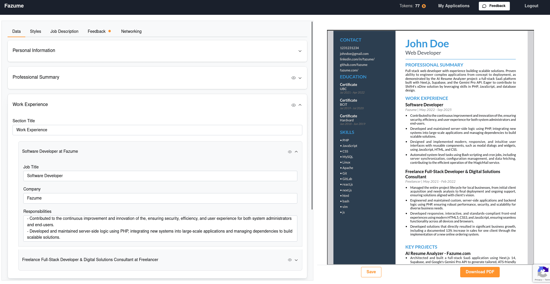 screenshot of the fazume editor pdf dashboard