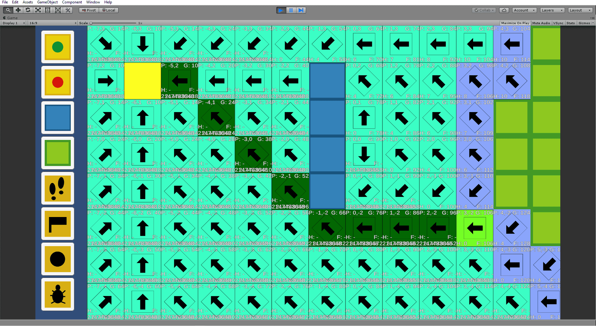 Image showing the interface of a unity 2d project using the a* path finding algorithm